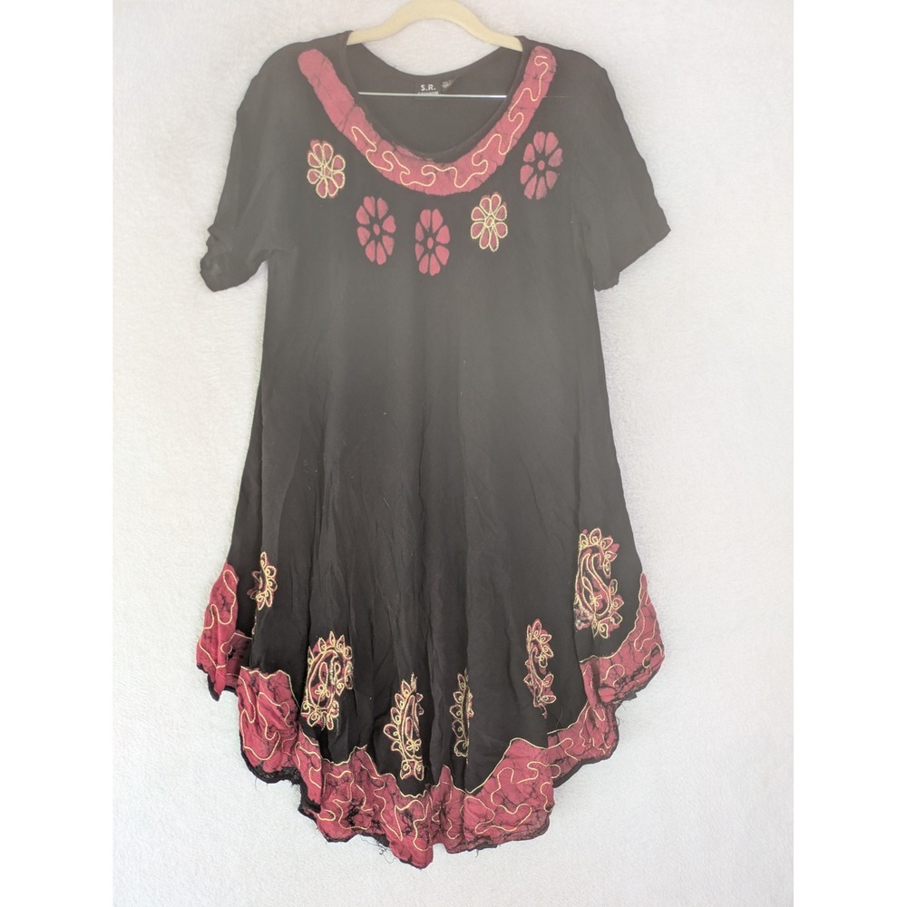 S.R. Fashion Tunic Dress Women's OS Black Burgundy Batik Gold Embroidered Boho